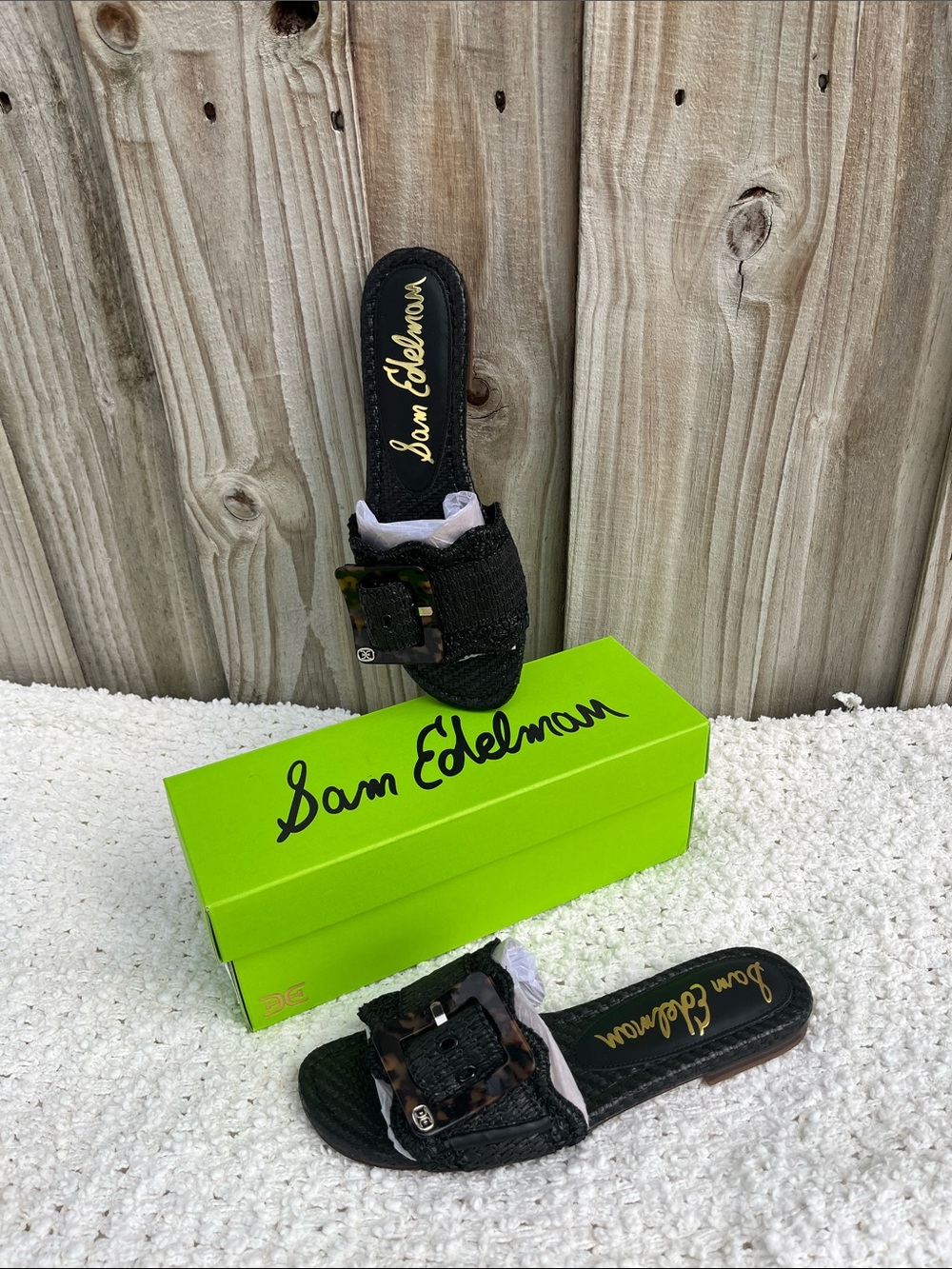 NWT- Sam Edelman Bambi Black Raffia Slide Sandals with Tortoiseshell Buckle